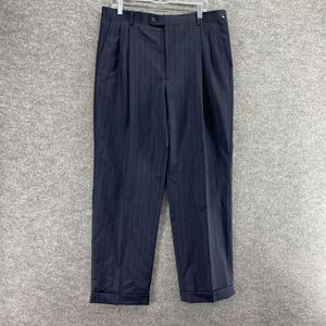 Franco Valentino Dress Pants Men 38 Blue Striped Mid Rise Pleated Cuffed Wool